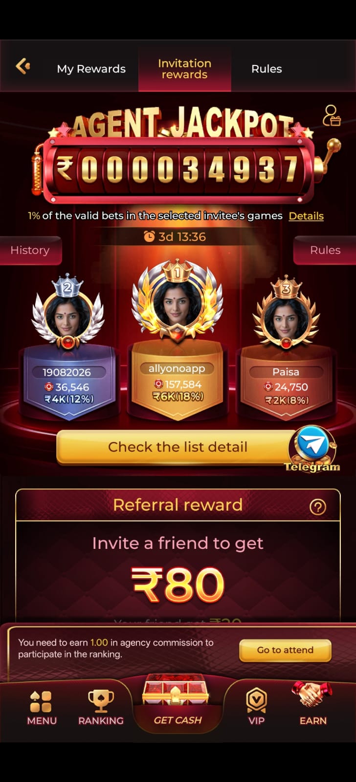 is7 Agent Jackpot leaderboard displaying referral rankings, jackpot rewards, and invitation bonus program.