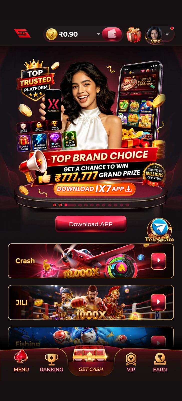 is7 game app homepage featuring crash games, JILI games, fishing games, app download button, and promotional banners.